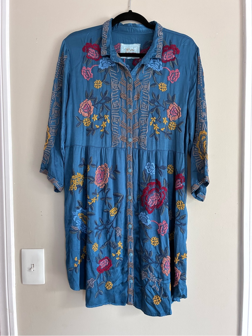 Johnny Was Biya Embroidered Teal Boho Floral Shirt Dress